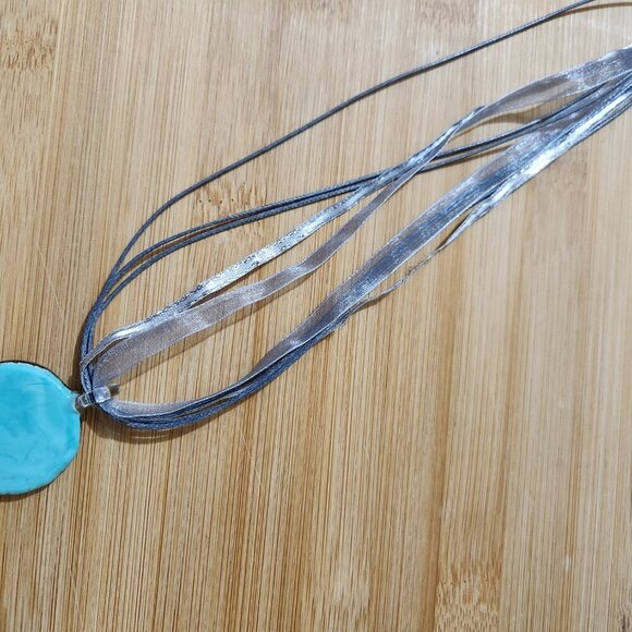 Hand Crafted Ribbon Cord Pendant Necklace Dichronic Glass Gray Turquoise - Picture 6 of 6